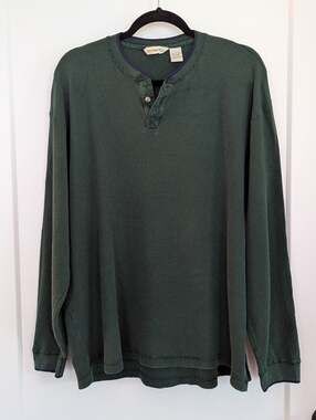G H.Bass&Co Men's Large Green Waffle Knit Henley Shirt Long Sleeve